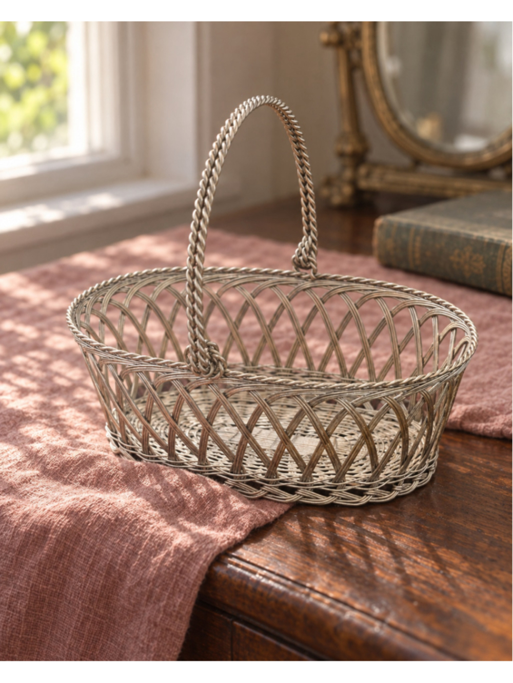 Vintage Cottagecore Kitchen Basket w/ Handle - Silver Fruit or Bread